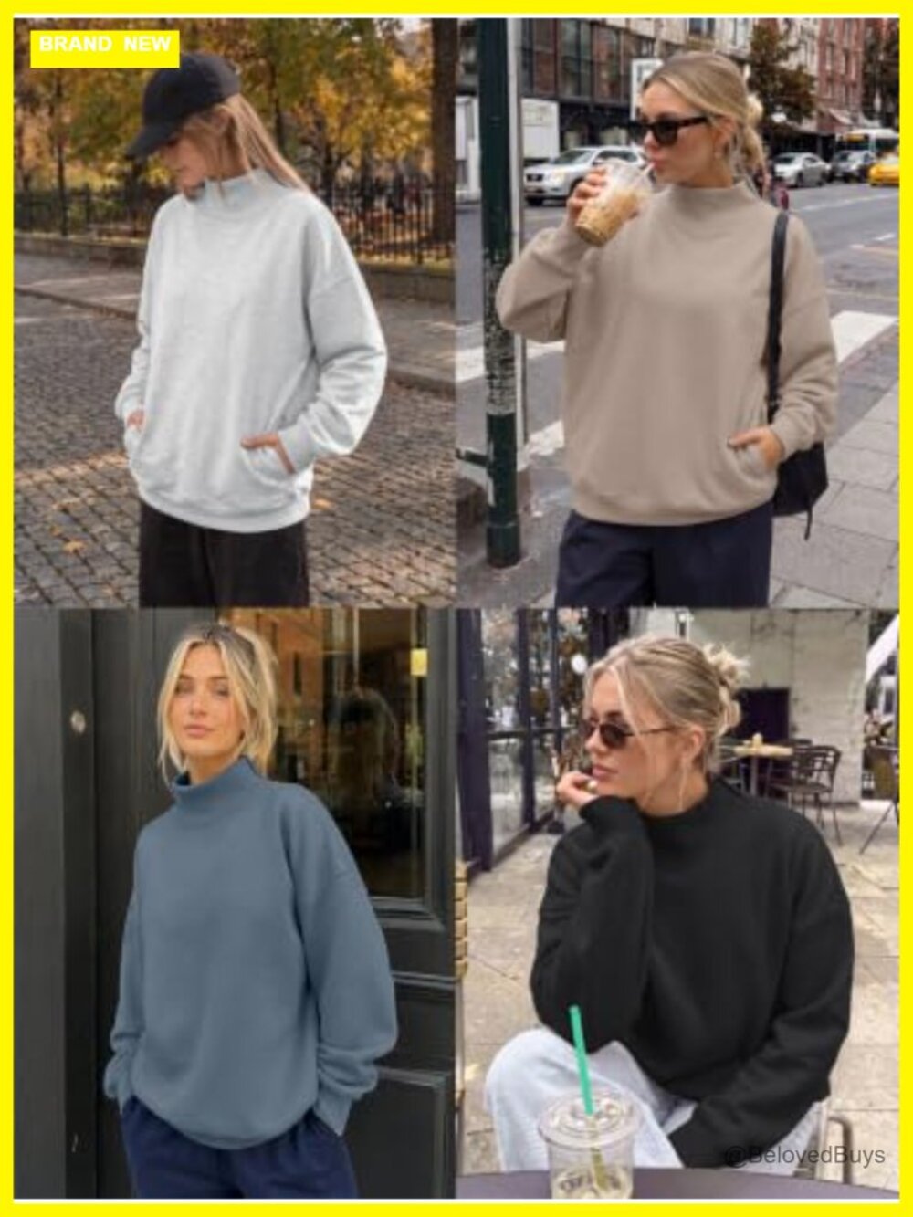 Mock Neck Oversized Sweatshirt with Pockets Cotton Polyester Fleece Pullover - Picture 4 of 6
